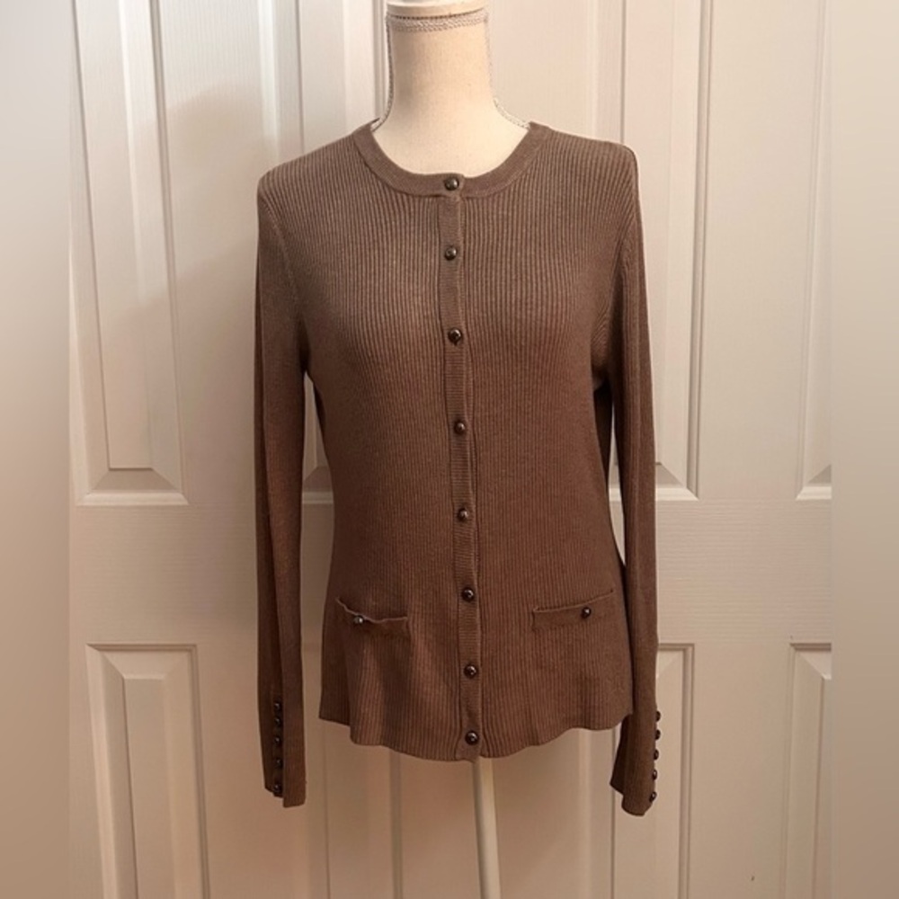 Women Brown Ribbed Button-Up Women's Sweater Cardigan, Size Petite Large